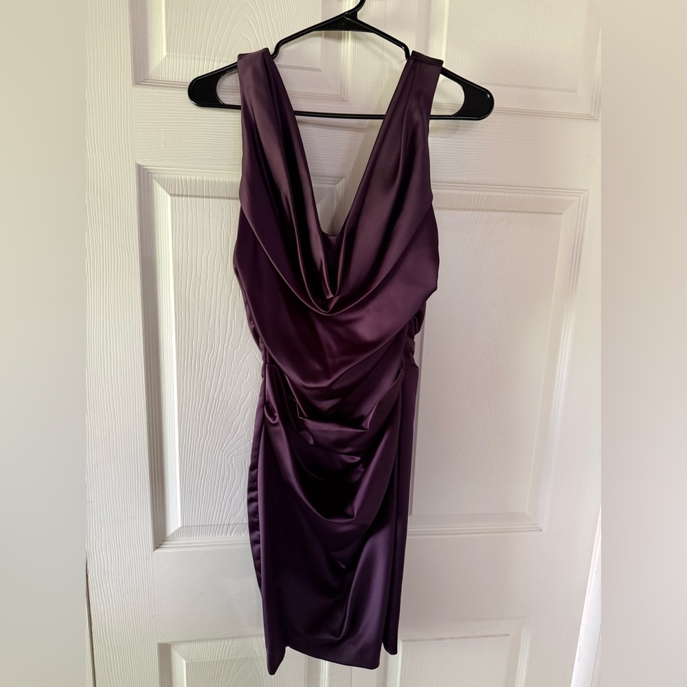 David's Bridal Satin Cowl Neck Midi Dress in Deep Plum